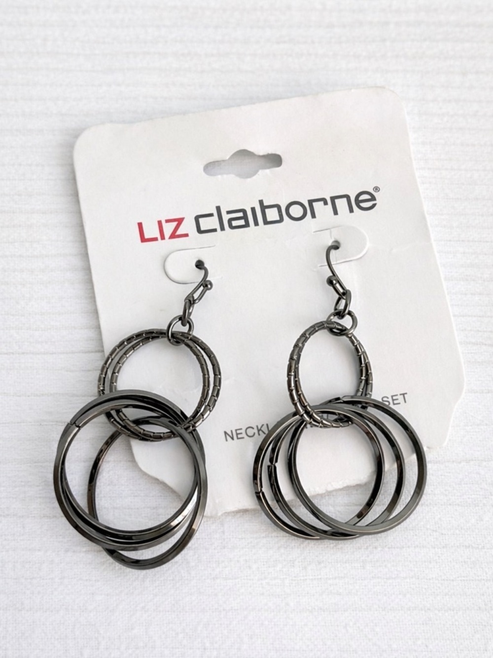 Liz Claiborne Gunmetal Multi Hoop Dangle Earrings Layered Circle